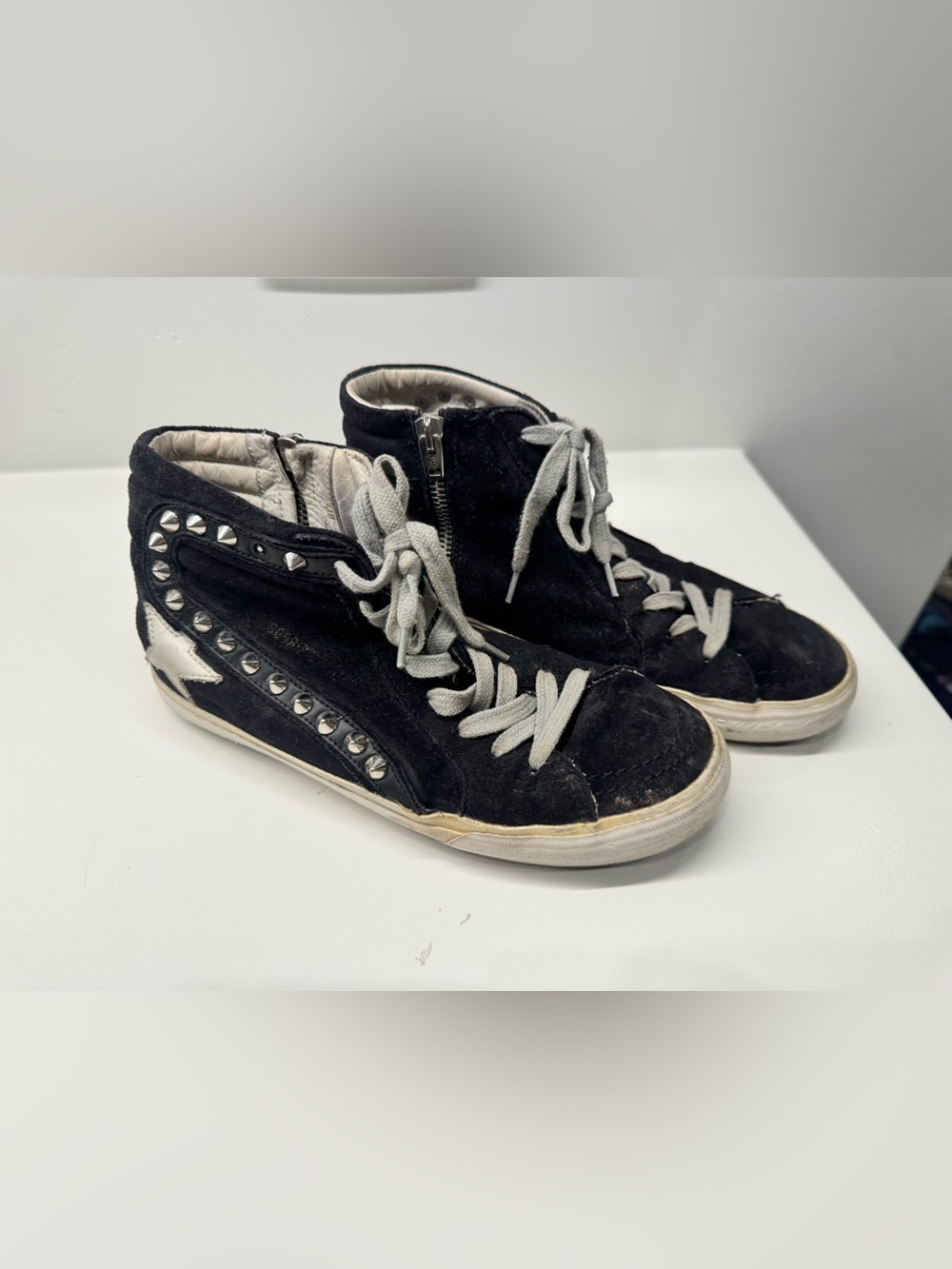 Golden Goose Black Suede Lace-Up High-Top Boots with Silver Studs